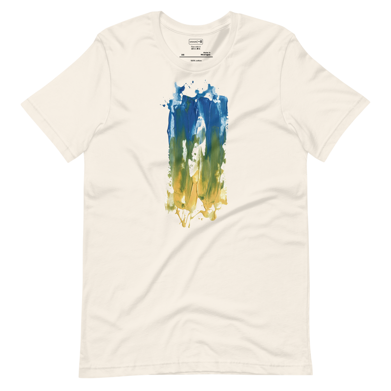Thick horizontal paint streak design blending blue, green, and yellow on a unisex T-Shirt.