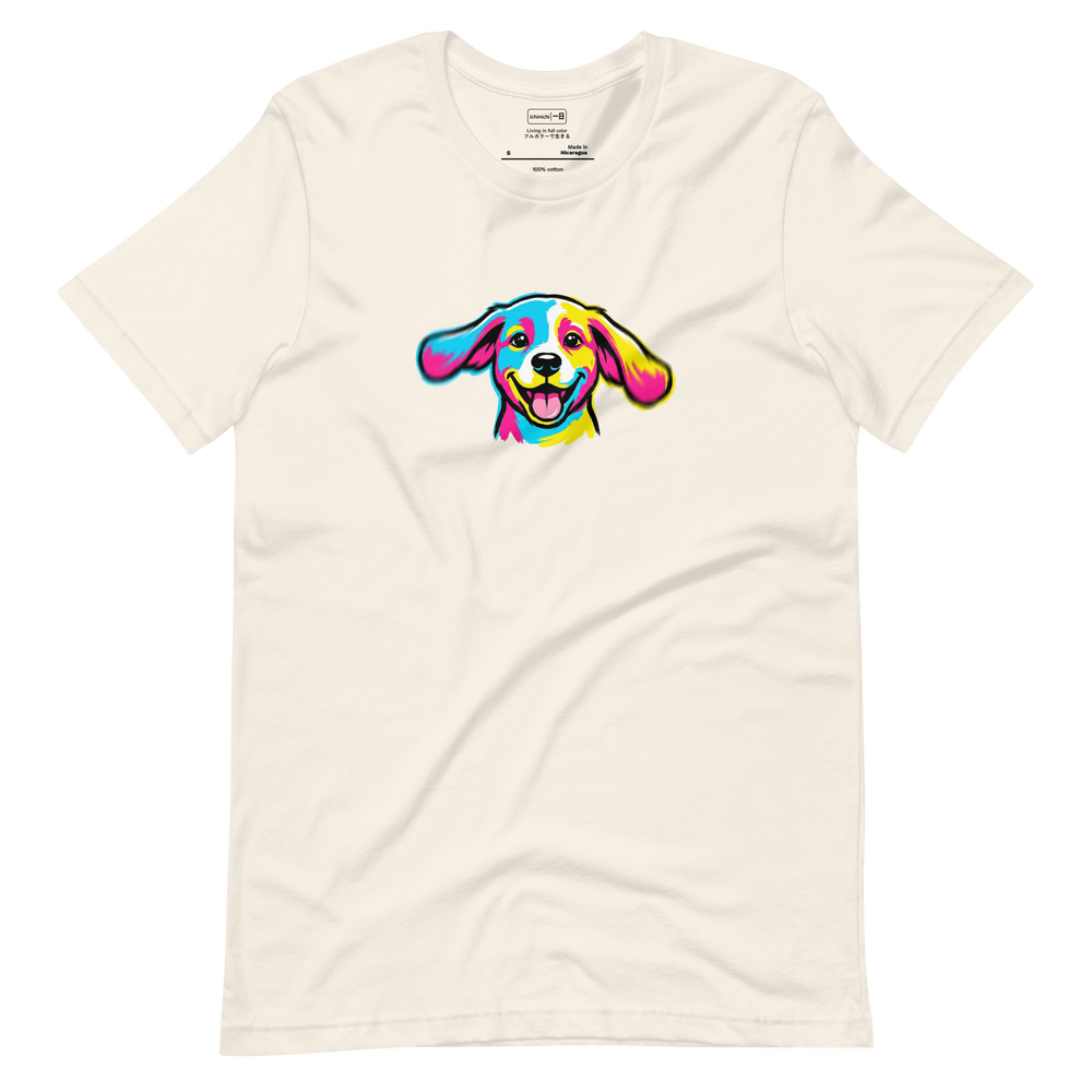 Graphic Pop Art style T-Shirt featuring a silly happy puppy face in bold colors.