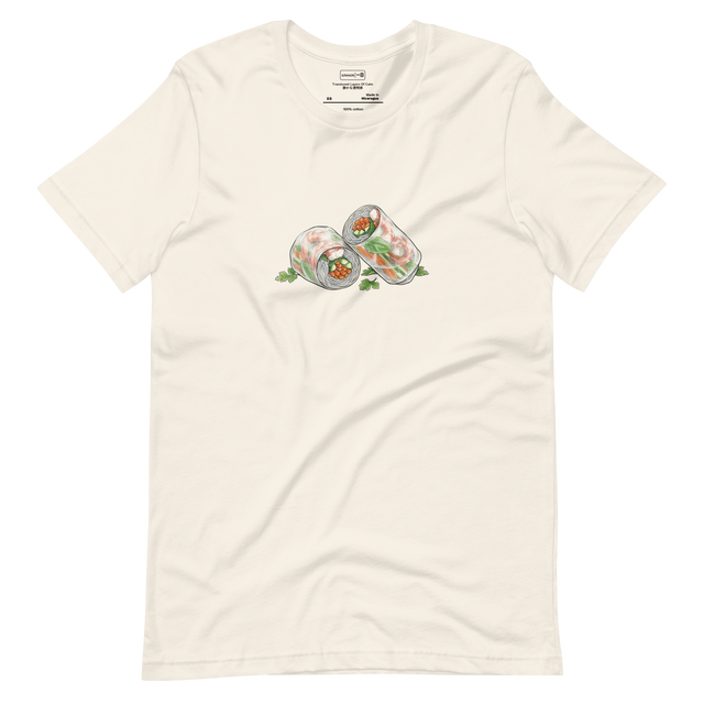 Minimalist line art illustration of a fresh spring roll with shrimp and vegetables, featured on a Short Sleeve T-Shirt.