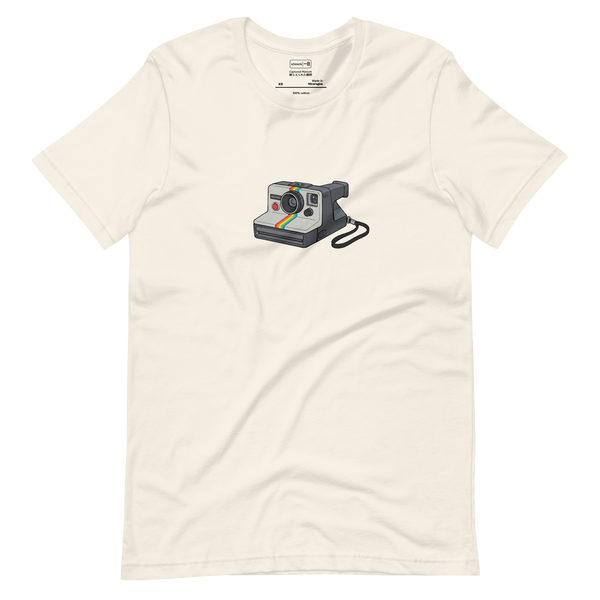 Marker illustration of a 1970s instant camera with a rainbow stripe and flash, centered on a Short Sleeve T-Shirt.