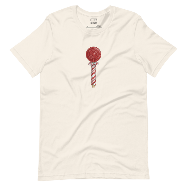 Color pencil illustration of a translucent red lollipop with a crinkled wrapper on a Short Sleeve T-Shirt.