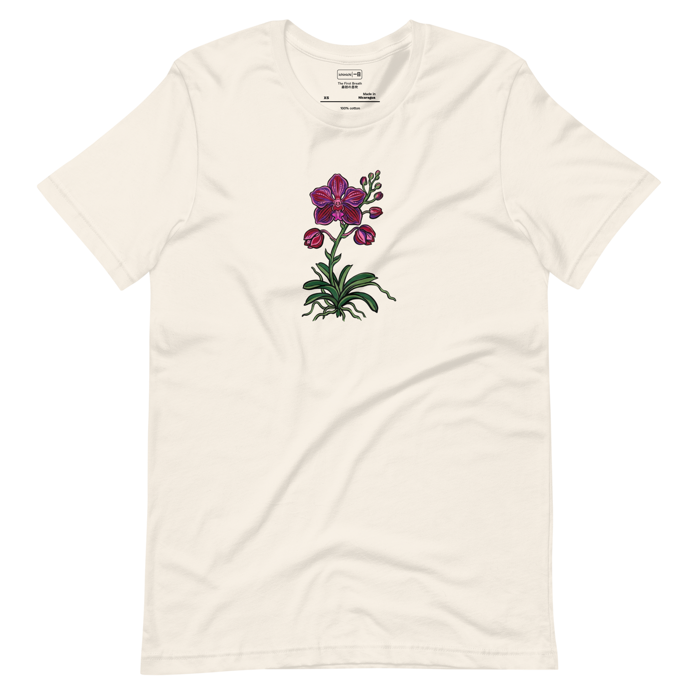 Brush pen illustration of a Vanda orchid stalk with buds and one open flower in purple and red on a Short Sleeve T-Shirt.