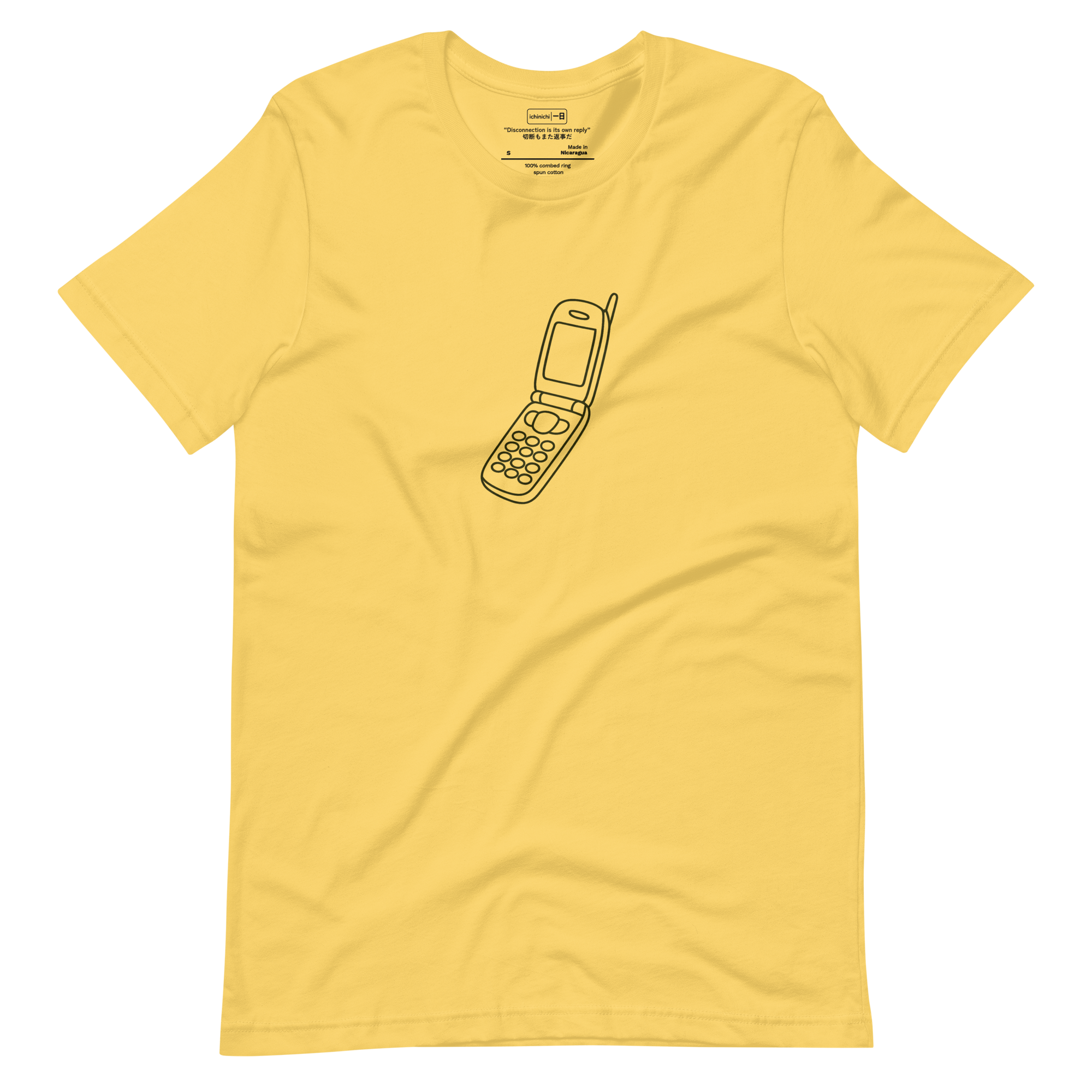 Line art of an open flip phone on a bright yellow t-shirt
