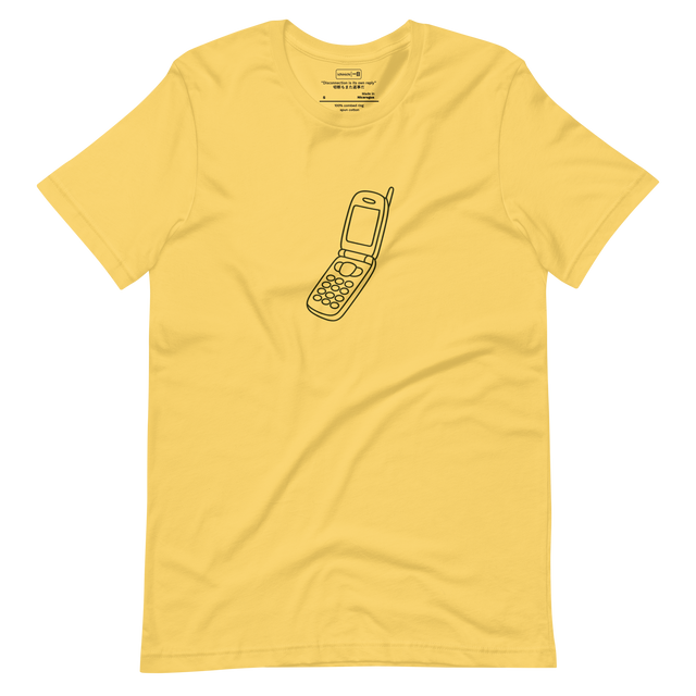 Line art of an open flip phone on a bright yellow t-shirt
