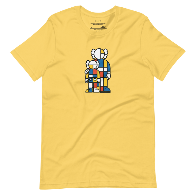 Abstract geometric figures inspired by Mondrian’s color blocks, one tall and one small, symbolizing connection on minimalist T-Shirt design.