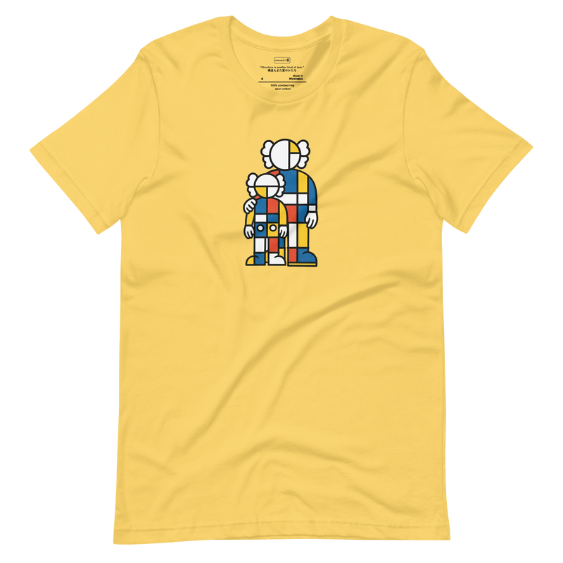 Abstract geometric figures inspired by Mondrian’s color blocks, one tall and one small, symbolizing connection on minimalist T-Shirt design.