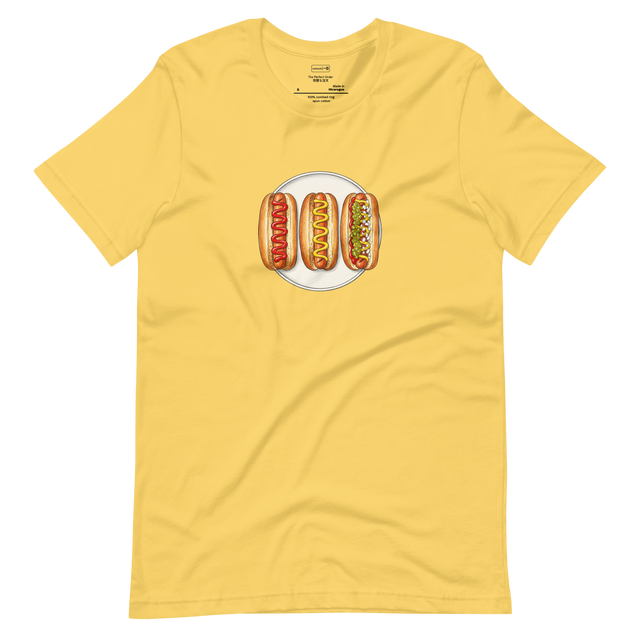 Bird's-eye view illustration of three hot dogs with varying toppings in a color pencil style on a Short Sleeve T-Shirt.