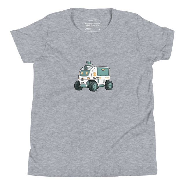 Friendly delivery robot graphic in marker and line art on a Youth T-Shirt.