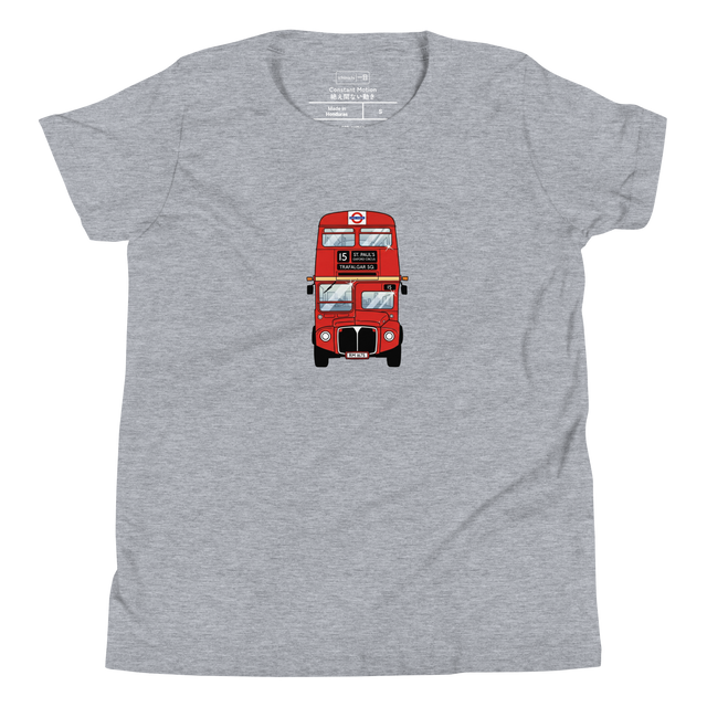 Front view marker illustration of a red London double decker bus on a youth t-shirt.