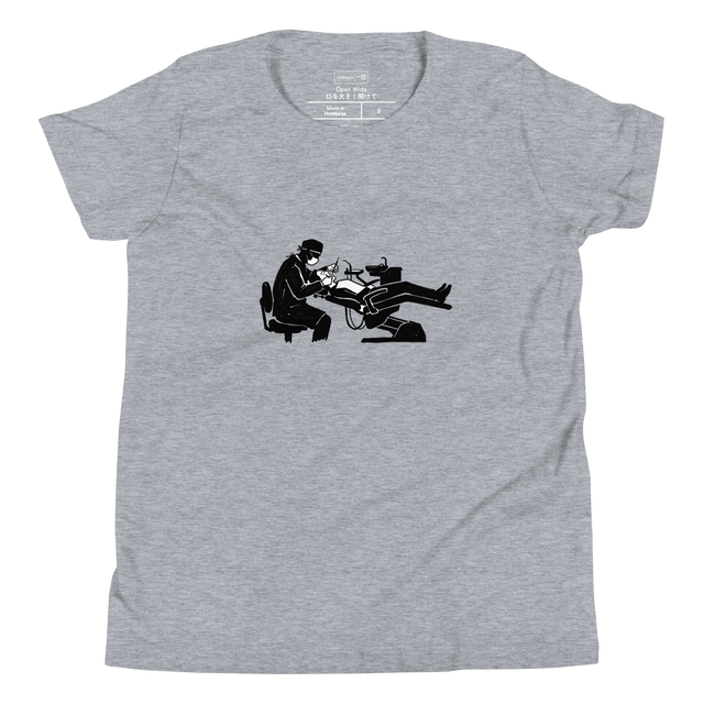 Minimalist marker drawing of a dentist and patient on a Youth T-Shirt.
