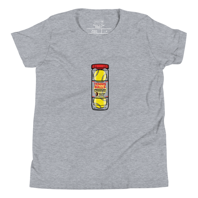 Youth T-Shirt with marker illustration of three yellow tennis balls in a clear can with a red cap