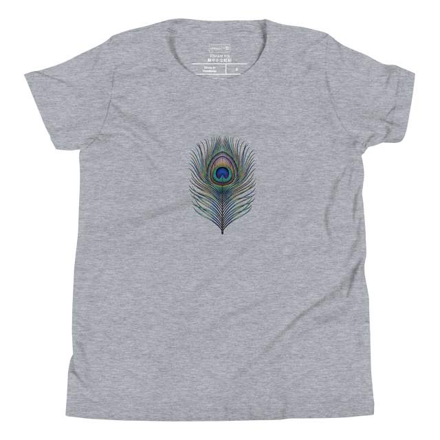 Detailed peacock feather design rendered in vibrant stippling dotwork on a youth short sleeve t-shirt.