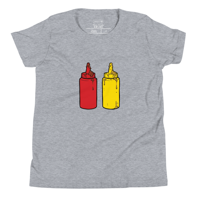 Marker illustration of a messy squeezy ketchup and mustard bottle pair on a Youth T-Shirt.