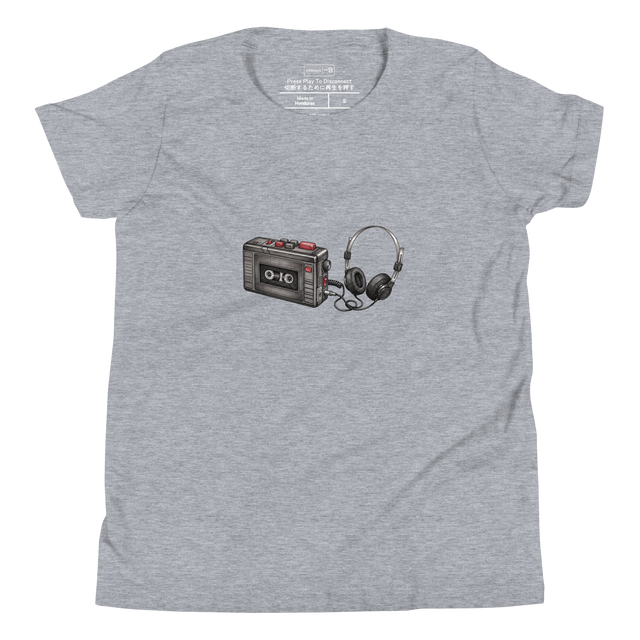 Youth T-Shirt featuring a cross-hatch illustration of a vintage cassette player and foam headphones.