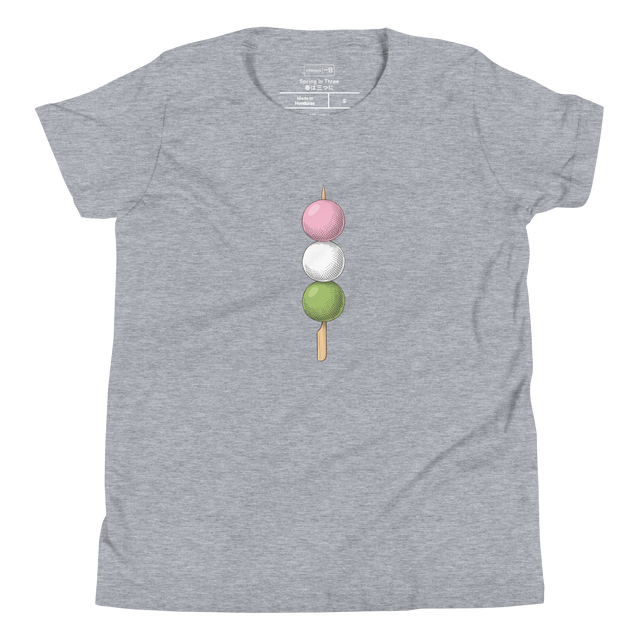 Hand-drawn color pencil illustration of pink white and green hanami dango on a Youth T-Shirt