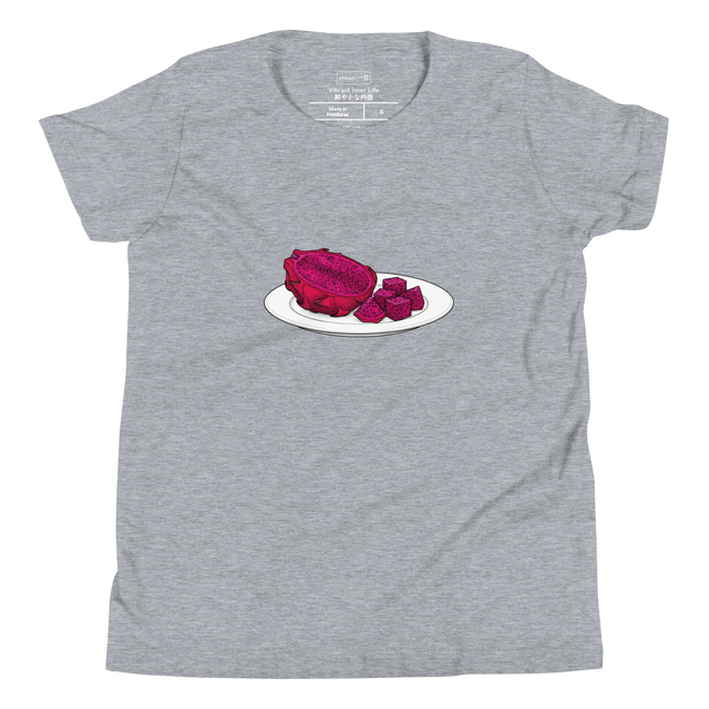 Stippled illustration of a sliced dragon fruit on a white plate, deep red center, youth t-shirt.