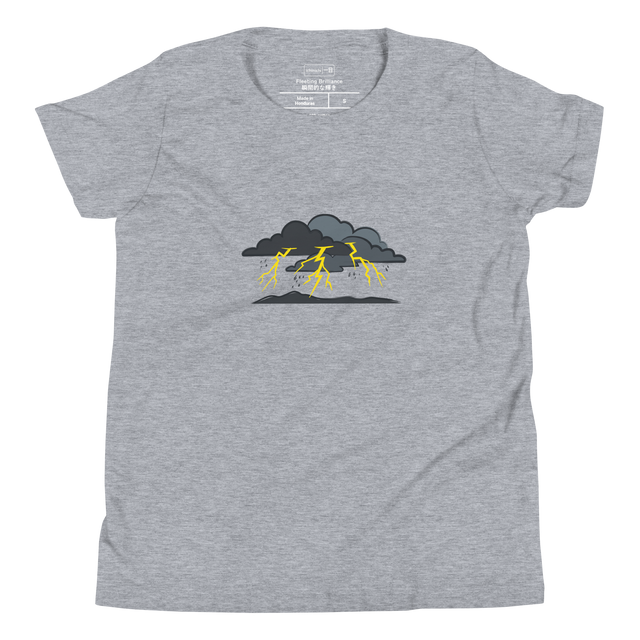 Electric Silence graphic on a Youth T-Shirt featuring grey cloud silhouettes and a yellow lightning strike