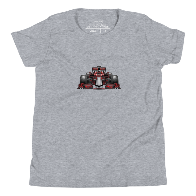 A youth short sleeve t-shirt featuring a dynamic ink drawing of an F1 car nose cone.