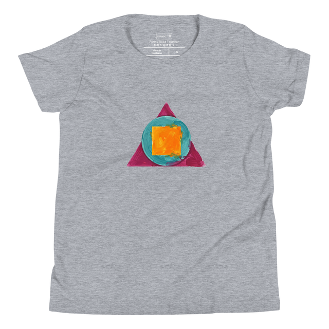 A brightly painted red-purple triangle containing a green circle and yellow square on a Youth T-Shirt.