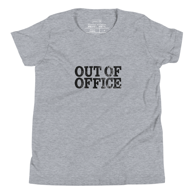 Youth T-Shirt showing the phrase "Out of Office" printed in a dark, vintage mechanical typewriter font.