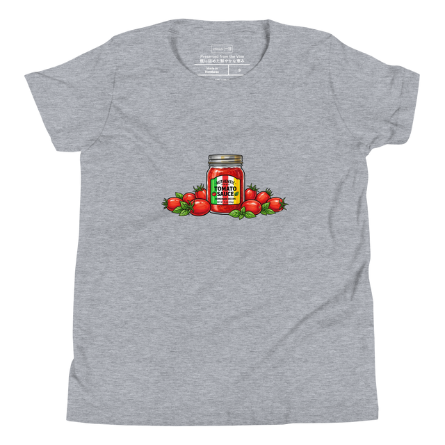 Vibrant marker illustration of a glass tomato sauce jar and fresh Roma tomatoes printed on a Youth T-Shirt.