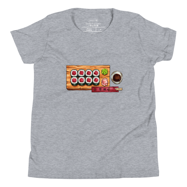Marker illustration of a tuna roll on a wooden plank with wasabi, a soy dish, and chopsticks on a Youth T-Shirt.