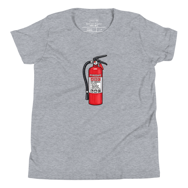 A bright red fire extinguisher drawn with bold black marker lines, printed on a youth T-shirt.