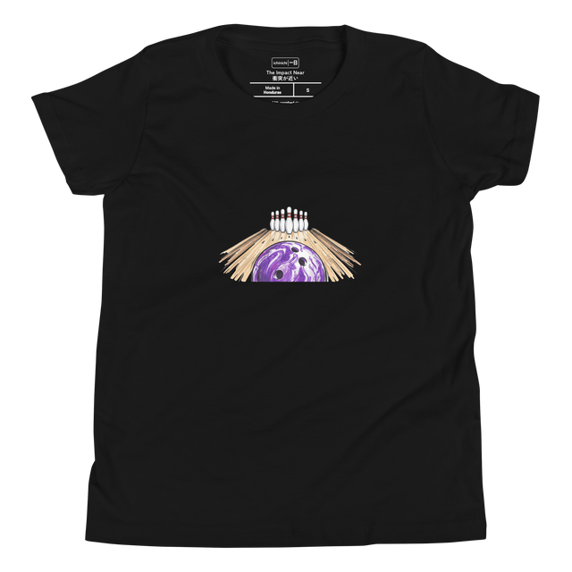 Vibrant purple and white marbled bowling ball graphic on a Youth T-Shirt.