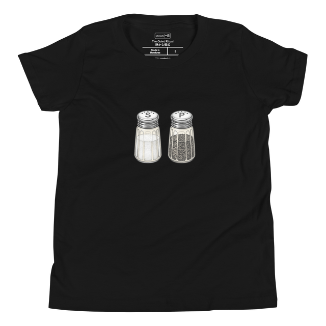Stippled illustration of colorful diner salt and pepper shakers printed on the front of a minimalist Youth T-Shirt