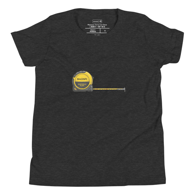 Yellow and black tape measure graphic in a hand-drawn ink style on a Youth T-Shirt.