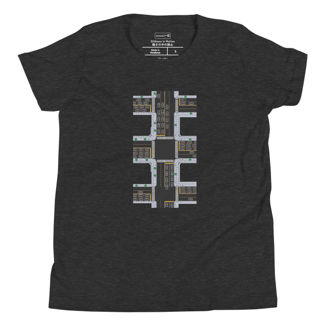 Graphic line art of cars in traffic on a Youth T-Shirt.