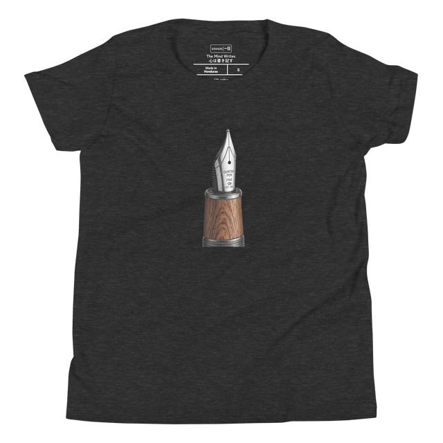 Detailed stippling illustration of a fountain pen nib and wooden barrel on a Youth T-Shirt.