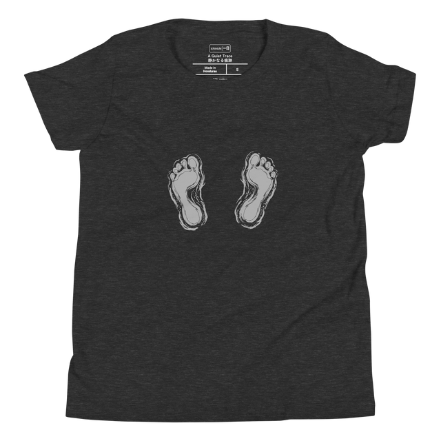 Minimalist grey silhouette of two footprints on a Youth T-Shirt.
