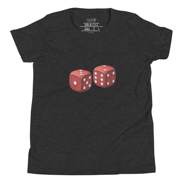 Red Dice youth t-shirt featuring a high-contrast stippled illustration of two wooden dice.