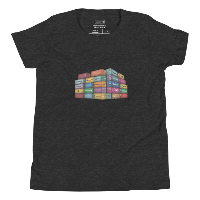 Cross-hatch colored pencil graphic of stacked shipping containers on a youth t-shirt.