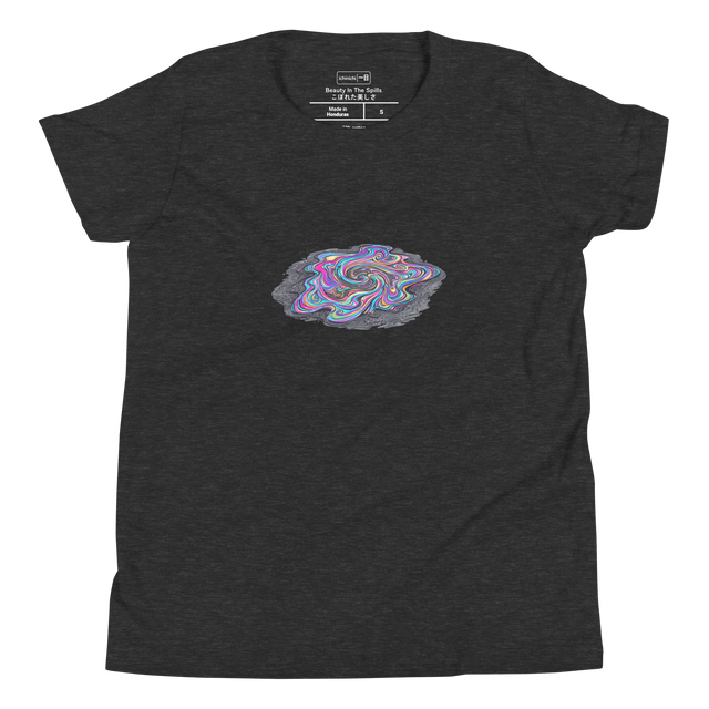 A Youth T-Shirt featuring a graphic of a swirling, iridescent oil slick on dark asphalt painted with clean lines.