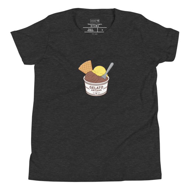 A cup of chocolate and lemon gelato with a waffle cookie and spoon rendered in clean paint brush lines on a Youth T-Shirt.