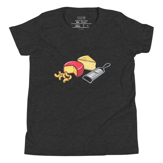 A playful marker illustration of macaroni, Gouda cheese, yellow cheese, and a hand shredder on a Youth T-Shirt.