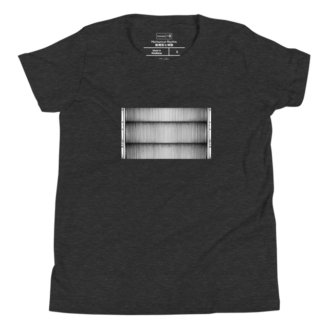 Youth T-Shirt showing a top-down stippled graphic of repeating heavy metal grooves on an escalator.