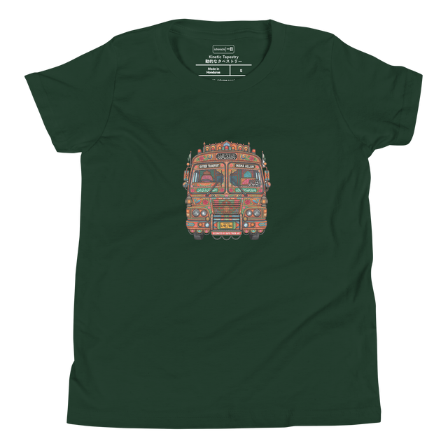 Bright and colorful marker illustration of the front of a decorated Pakistani bus on a youth t-shirt.