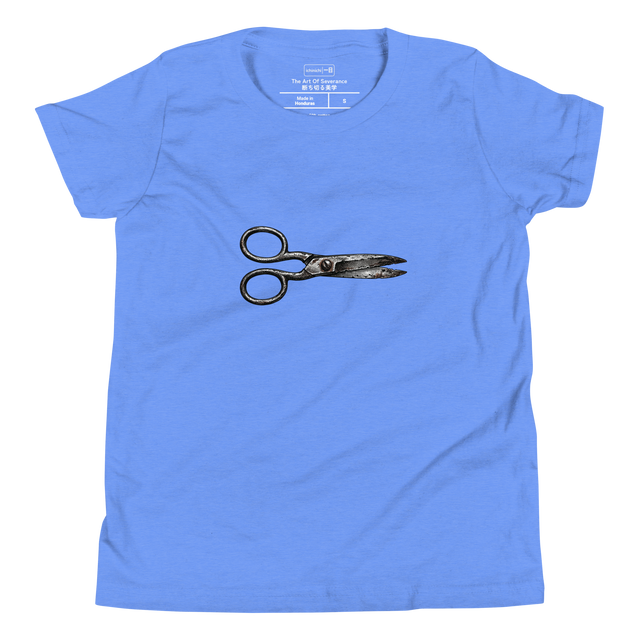 Cross-hatch ink illustration of vintage scissors lying horizontal on a Youth T-Shirt.