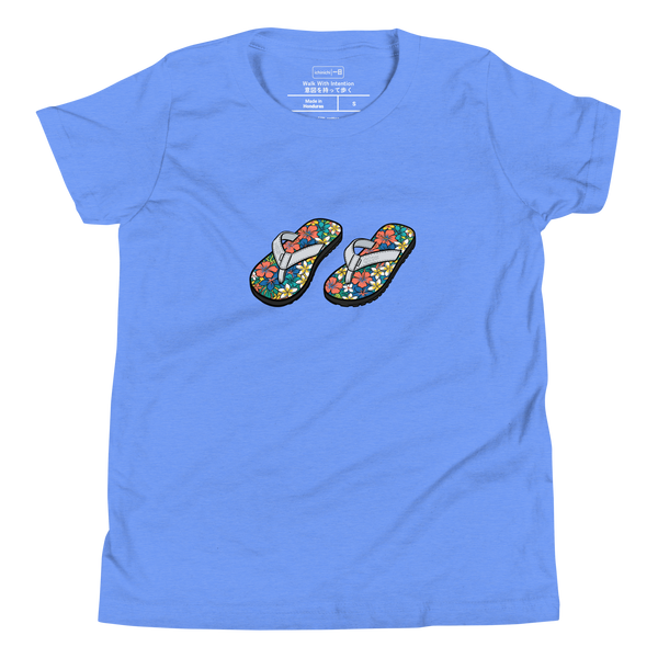 A minimalist brush pen illustration of a floral flip flop printed on a Youth T-Shirt.