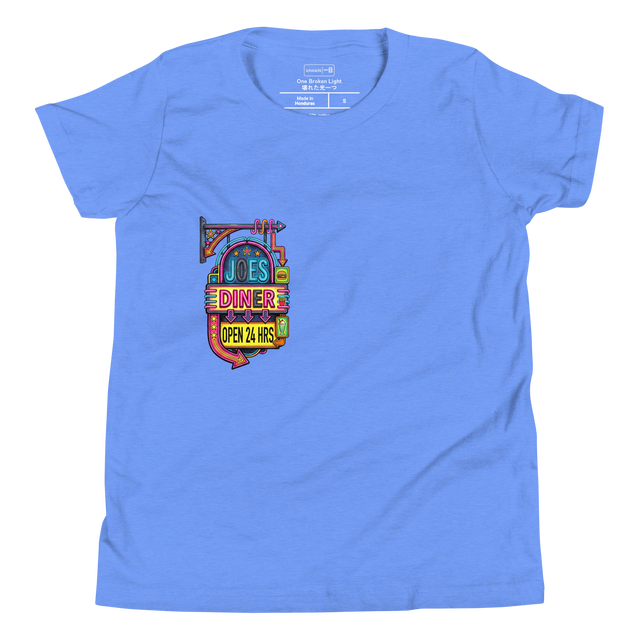 Graphic of a buzzing neon diner sign drawn in bright colors on a youth t-shirt.