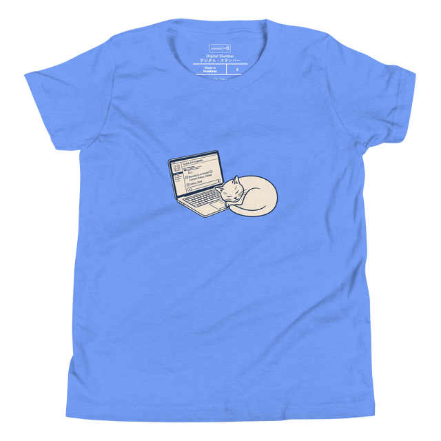 A simple line drawing of a cat sleeping next to a laptop on a youth short sleeve t-shirt.