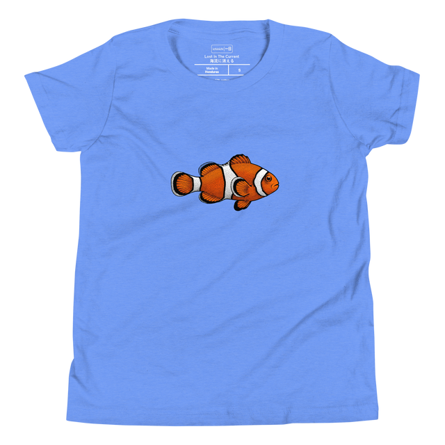 A minimalist youth t-shirt featuring a vibrant orange and white clown fish rendered in a bold stippling dot pattern.