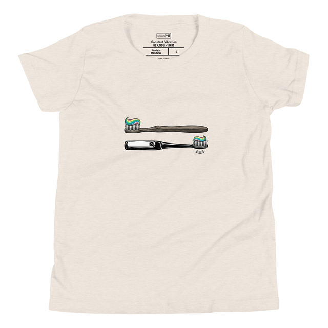 Educational minimalist graphic of toothbrush evolution on a Youth Short Sleeve T-Shirt.