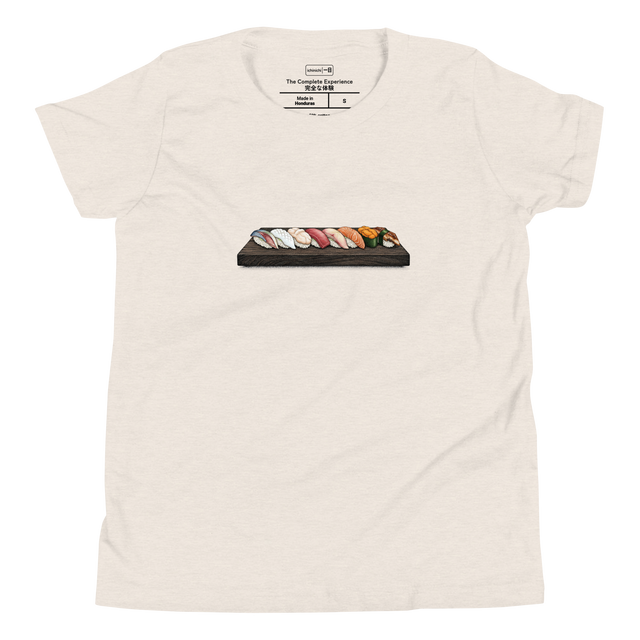 Educational stippling art of eight varied sushi pieces on a Youth T-Shirt.