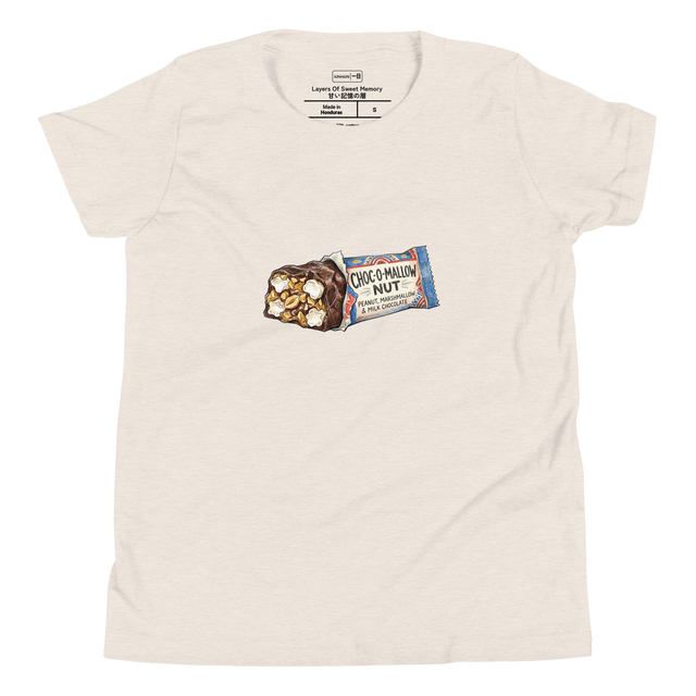 Hand-drawn color pencil illustration of a chocolate peanut marshmallow candy bar on a minimalist Youth T-Shirt.