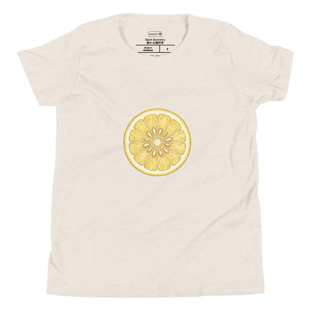 Hand-drawn color pencil illustration of a lemon cross slice, soft yellow tones, Minimalist Youth T-Shirt.