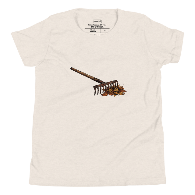 Cross-hatch ink and colored pencil illustration of a well-used rake and fall leaves on a Youth T-Shirt.